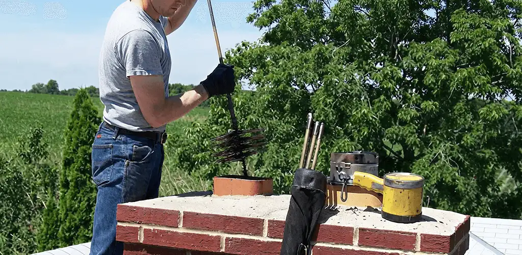 Chimney cleaning technician working on a rooftop chimney with professional tools in Chula Vista, CA