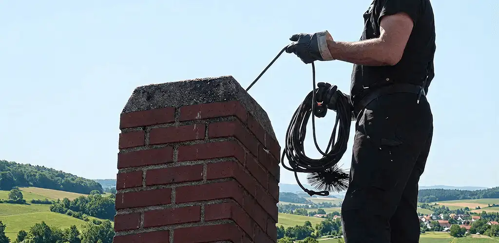 Chimney sweep inspecting and cleaning a rooftop chimney in Chula Vista, CA