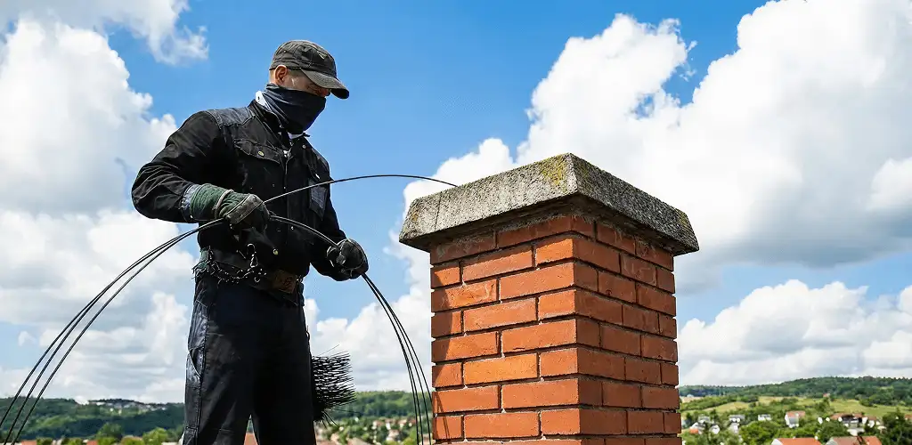 Chimney sweep cleaning a brick chimney with professional tools in Chula Vista, CA