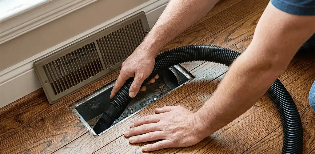 Air duct cleaning technician vacuuming a floor register and duct opening in Chula Vista, CA