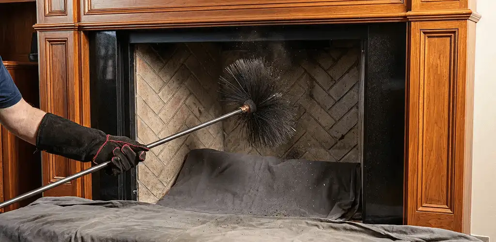 Chimney cleaning service brushing soot from a fireplace and flue in Chula Vista, CA