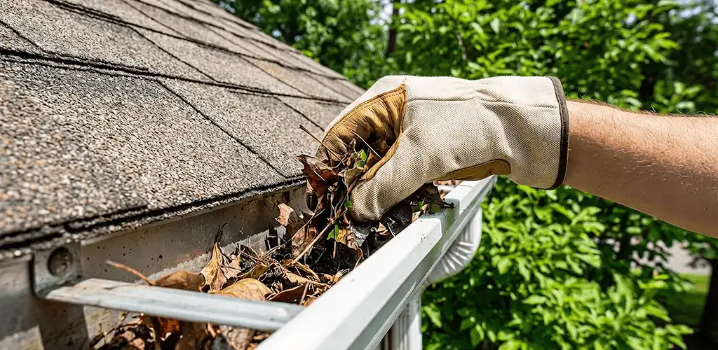 Gutter cleaning removing leaves and debris from roof gutters in Chula Vista, CA