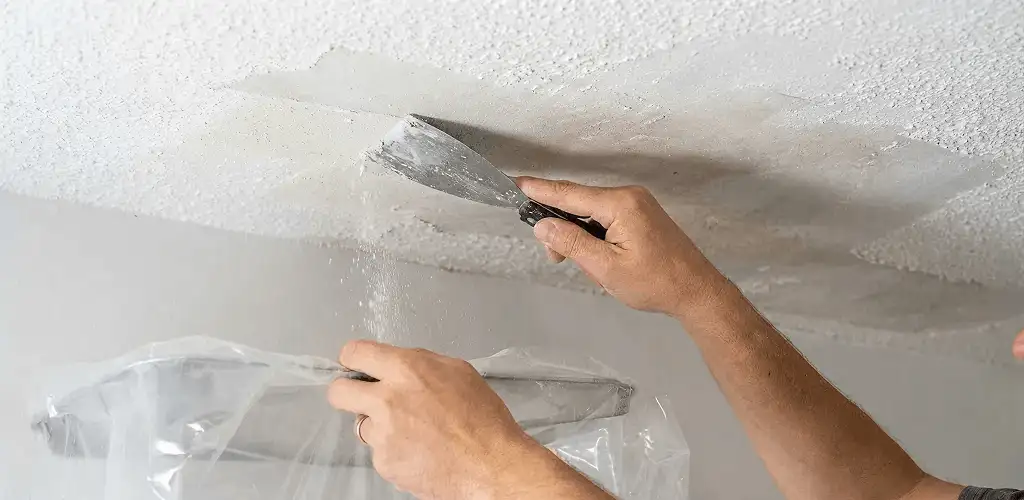 Popcorn ceiling removal technician scraping texture from a ceiling in Chula Vista, CA