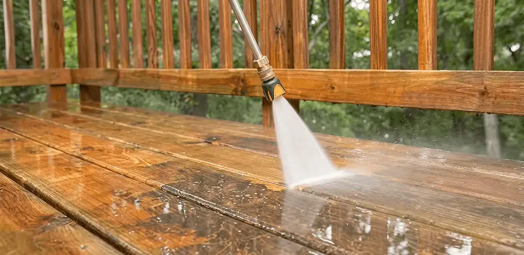 Pressure washing a wood deck to remove dirt and buildup in Chula Vista, CA