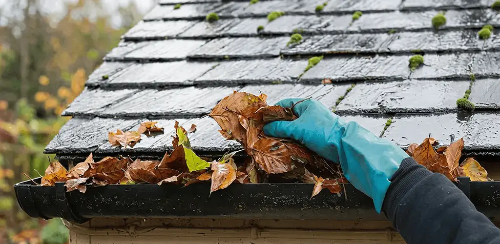 Gutter cleaning technician clearing wet leaves from roof gutters in Chula Vista, CA