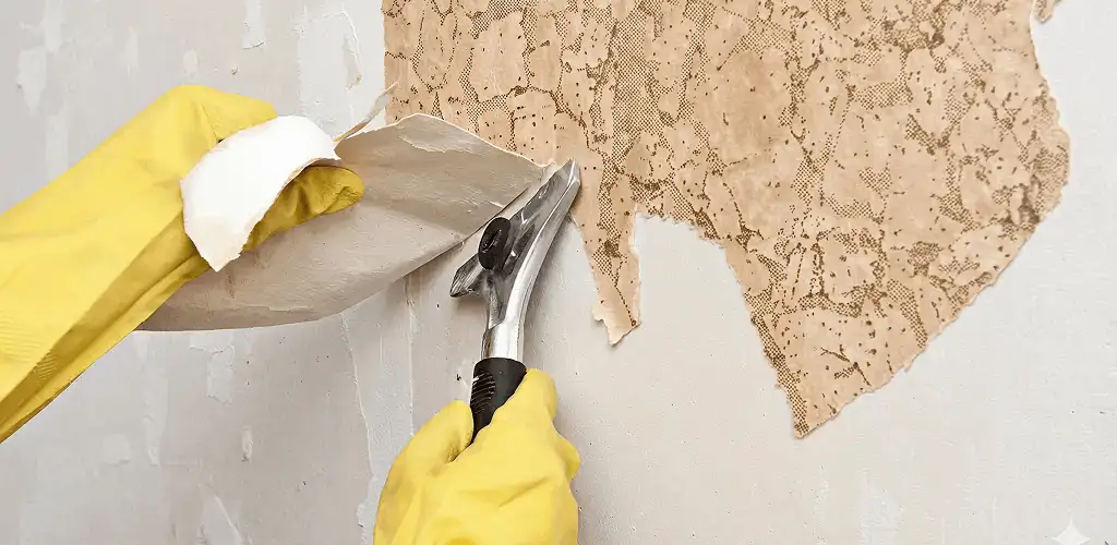 Wallpaper removal service stripping old wallpaper from a wall in Chula Vista, CA